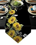 Z&L Home Tischläufer aus Leinen mit Sonnenblumen-Schmetterling auf schwarzem Tischläufer für Abendessen, Urlaub, Party, Hochzeit, Veranstaltungen, Küchendekoration, 33 x 178