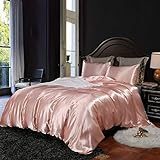 Lanqinglv Bettwäsche Set 135x200cm 2 Teilig Rosa Satin Seide Seidig Luxus Bettbezug mit Reißverschluss und Kissenbezug 80x80