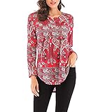 PEOD Damen Blusen Herbst Langarm V-Ausschnitt Knopfleiste Boho Retro Elegant Shirts Tunic Tops Oberteile Damen Casual Blumenmuster Baumwolle Große Größe Bequem Freizeithemd Sw