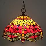 Wygwlg T-iffany Style Pendelleuchte, 12 Zoll Glasmalerei Libelle Lampenschirm Pendelleuchte, mit Verstellbarer Kette, E27 (Color : Red, Size : 12 Zoll)