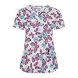 Graceyo Damen Schlupfjacke Schmetterling Drucken Kurzarm V-Ausschnitt Schlupfkasack, Kasack Schlupfhemd für Medizin und Pflege Krankenpfleger Uniformen Pflege Oberteil mit T