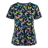 yiouyisheng Kasacks Damen Pflege Bunt Krankenpfleger Mediznischer Uniformen V-Ausschnitt Schlupfkasack Berufsbekleidung Schlupfhemd mit Schmetterling Katze Leopard Motiv Mit T