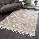 payé Teppich Wohnzimmer Kurzflor - Braun Creme - 120x170cm - mit Fransen Deko Rautenmuster Boho Schlafzimmer Flur Dekoration Läufer - Skandinavische Tepp