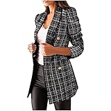 SKYWPOJU Kariert Anzugjacke Damen - Langarm Blazer Revers Zweireiher Jacke Slim Fit Mantel Langarm Sakko Elegant Damenmode, Mitte Oberschenkellang, S - 3XL (Color : Black, Size : XL)