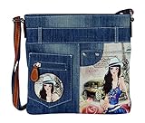 yourlifeyourstyle Jeans Look Umhängetasche mit aufgenähten Patches, Nieten und Print auf Kunstleder - Maße ohne Riemen 29 x 26 cm - Damen Mädchen Teenager Tasche - Jeanshosen Bund (blau Hut)