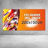 PVC Banner, Werbebanner, Banner bedruckt | mit Saum & Ösen alle 50 cm | Robust und reißfest - UV-beständig und wetterfest | 510g/m² | einseitig bedruckt mit Ihrem Motiv (Banner, 200 x 150 cm)