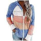 Damen Knit Hoodie Sweatshirts Langarm Hoodies Casual Reißverschluss Patchwork Kapuzenpullover Strickjacken Strickpullover Gestreift Jacke Hoodie mit Kapuze Pullover Mode Outwear Sweater Jack