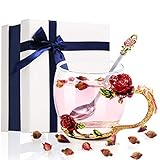 DEVIS Papa Mutter Geschenk Glas Teetasse 330ml, Tasse Kaffeetassen mit Stahllöffel personalisiert, Blumen 3D Rose Teetasse, Geschenke für Männer Frauen Weihnachten Vatertag Valentinstag (Rot)