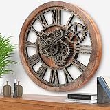 Wanduhr Groß, Wanduhr ohne Tickgeräusche, Wanduhr Modern Vintage Holz Retro Industrieuhren für Wohnzimmer Küche Bauernhaus Büro Schule Heimdeko, Real Moving Gears Wanduhr (60 cm, Brown_4 Gears)