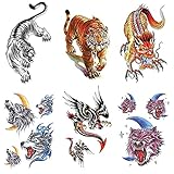 Mode Temporäre Tattoo Transfer Aufkleber,6 Blätter coolarm Temporäre Tätowierungen for Männer Körper Wolf Tiger Totemtatoos Frauen Bein Halbe Armband Tiere Narbe Abdeckung Simulation Tattoo Aufkleb