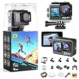 Action cam 4K 60FPS/20MP WiFi Touchscreen-Actionkamera mit 4-fachem Zoom, EIS Sportkamera mit 170 ° Weitwinkel HD DV Camcorder, 30m-Unterwasserkamera Wasserdichte mit Montagesets(Size:Keine SD-Karte)