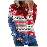 Komiseup Langarmshirt Damen Langarm Weihnachten Rundhals Sweatshirts Lässige Lose Pullover Tops Weihnachtsmann Drucken Bluse Frauen Christmas Longsleeve T-Shirt Ob