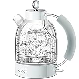 Wasserkocher Glas, ASCOT Glas Wasserkocher Elektrischer Wasserkocher Edelstahl, 2200W, 1,6L, Retro Design, BPA frei, leiser Schnellkochkessel, Trockengehschutz und automatische Abschaltung (Weiß)