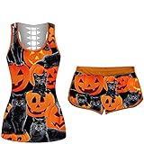 Eternali Halloween Traingsanzug Damen Crop Tops Shorts 2-teilige Jogginganzug Hoher Taille Leggings Shorts Ärmellos Tank Tops Elastisch Yoga Outfits Kürbis Drucken Festival Halloween Sportanzug S