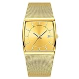 Haoooan Jungs Uhren Golden Quartz Uhren Männer Top Luxus Quadratmeter Mesh-Steel Business-Armbanduhr Wasserdicht Male Uhr (Color : Gold)