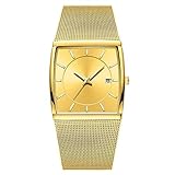 Haoooan Jungs Uhren Golden Quartz Uhren Männer Top Luxus Quadratmeter Mesh-Steel Business-Armbanduhr Wasserdicht Male Uhr (Color : Gold)