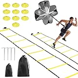 Fostoy Koordinationsleitern für Fußball, 2×6M 12 Sprossen Agility Leiter Speed & Agility Training Kit Agility Leiter und Kegel, Sport Trainingsleiter Inklusive Resistance Fallschirm, 4 Metallnäg