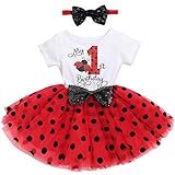 FYMNSI Kleinkinder Baby Mädchen Mein 1. Geburtstag Kleid Marienkäfer Kurzarm Tutu Tüll Gepunktet Rock mit Pailletten Schleife Stirnband 2tlg Bekleidungsset Prinzessin Partykleid Fotoshooting R