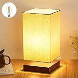 Depuley Nachttischlampe aus Holz, E27 Vintage Tischlampe mit Stoff Lampenschirm, LED Modern Tischleuchte mit EU-Stecker, Warmweiß, Eckig, Deko Nachtlicht für Schlafzimmer Wohnzimmer Hotel, Café