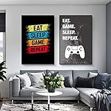 Eat Sleep Game Repeat Gaming Wandkunst Bild Gamer Leinwand Malerei Poster und Drucke für Jungenzimmer Spielzimmer Dekor 60x90cmx2pcs R