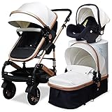 Kinderwagen 3 in 1 Kombikinderwagen inkl. Babywanne, Babyschale mit Fußsack, Buggy und Zubehör, Hochlandschaft Faltbarer Kinderwagen Babywagen für Baby 0-36 Monate, Prämie Leder, Alu-Rahmen (Weiß)