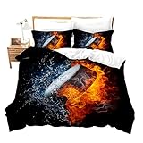 Loussiesd Eishockey Bettwäsche Set Sportthema Puck Hockey Bettbezug Set 135x200 cm für Kinder Jungen Rote Flammen und Blaues Wasser Dekor Mikrofaser 2 STK mit 1 Kissenbezug 80x80