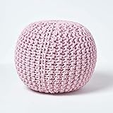 Homescapes Pouf Strickpouf rundes Bodenkissen, Sitzpouf 35 x 40 cm, gepolsterter Sitzhocker, Sitzpuff/Puff mit grob gestricktem Bezug aus 100% Baumwolle, Strickpuff, rosa/H