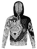 LIKEDA Norse Wolf Symbol Pullover Hoodie Sweatshirt, Unisex Tier 3D Fenrir Große Tasche Pullover Geschenke für Wikinger-Liebhaber,Weiß,M