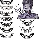 10 Stile Halloween Streich Make-up Temporäre Tätowierung, Horror Geisterzähne Tattoo Abziehbilder Clown Big Mouth Aufkleber, Halloween Temporäre Glitzer Tattoos Kit Für Cosplay Partydek