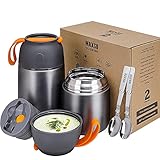 Thermobehälter für Essen 500ml & 700ml Edelstahl Warmhaltebebehälter mit faltbaren Löffel, Speißen, Babynahrung, Suppe, Brei, Obst, Joghurt, Thermo Speisgefäß Unterwegs, 2 Isolierbehälter im Set, G