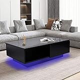 AYNEFY Couchtisch Hochglanz Beistelltisch mit LED Moderner Sofatisch Wohnzimmertisch mit Ablagefach und Schublade, 95 x 60 x 31,5 cm(Schwarz)