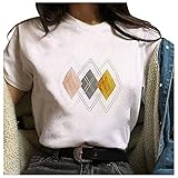 EMATOP Kurzarm Damen T-Shirt Weiss Retro Polygon Drucken Mode Sommershirts Basic Rundhals Oberteile Lässiges Schlankes Sweatshirts Sanft Flexibel Atmungsaktiv Streetw