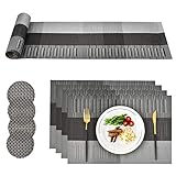 CCKOLE Platzsets PVC Abwaschbar, Tischsets Abgrifffeste Tischset Hitzebeständig, Platz-Matten Set 4 x Platzdeckche, 4 x Untersetzer und 1 x Tischläufer, Platzset für Küche, Restaurant, Schwarz g