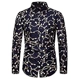 PRJN Herren Hemd mit Blumendruck Langarm Button-Down-Party Lässige ausgefallene Blumenhemden Casual Button-Down-Langarmhemd mit Blumendruck 100% Baumwolle Herrenhemd Nachtclub-Stil Button-Down-H