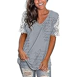 Weißes T-Shirt für Damen, V-Ausschnitt, Spitze, kurzärmelig, lockere Passform, Pullover, Workout, Sport, Halloween, Sweatshirt, grau, S