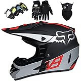 KILCVEM Motorradhelm Kinder Motocross Helm Set (4 Stück) Fahrradhelm Unisex Fullface Cross Helm mit Fox Design für Motorrad Kinderquad Crossbike Downhill Enduro Schutzhelm - Matt Schwarzes Silber,XL