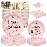 Party Geschirr Set Wiederverwendbar,Rosa Happy Birthday PartyGeschirr,Rosa Mädchen Geburtstag Teller,Tassen und Servietten,Tischdecke für Frauen Mädchen Geburtstagsparty H