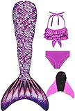 Decool Meerjungfrauenflosse Mädchen Badeanzug - Meerjungfrau Flosse Bademode mit Bikini Set und Monoflosse, 4 Stück Set, Mehrfarbig (PS15), 140