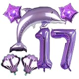 DIWULI, großes Delfin Luftballon Set, XXL Zahl 17 Zahlen-Ballon lila, Muschel Folien-Ballons, 17. Geburtstag, Kindergeburtstag Mädchen, Motto-Party, Dekoration, Meer, Meerestier, Folien-Luftb