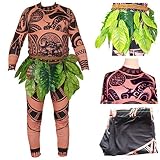 Halloween Familienkostüm Cosplay Kostüm Moana Maui Tattoo T-Shirt Hosen Blattrock einstellen Erwachsene Kinder Set (Braun, Erwachsene L)