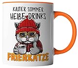 vanVerden Tasse mit Spruch - Kalter Sommer Heiße Drinks Frierkatze - Kalt Mütze Katze - beidseitig Bedruckt - Geschenk Idee Kaffeetasse, Farbe:Weiß/Orang