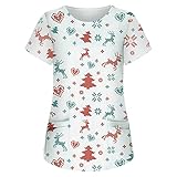 Fanxing Kasack Damen Pflege mit Weihnachten Motiv Bunt T-Shirt Schlupfkasack mit Taschen Kurzarm V-Ausschnitt Schlupfhemd Berufskleidung Krankenpfleger Uniformen N