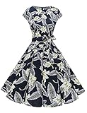 Dressystar DS1956 Kleid 'Audrey Hepburn', klassisch, Vintage, 50er und 60er Jahre Stil mit Ärmeln, Navy Blue Flower, S