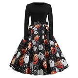 Women's Round Neck Long Sleeve Halloween Pumpkin Ghost Spider Web Printed A-line Dress Ladies Fashion Bow Belt Dress, S-2XL