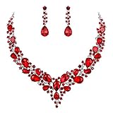 Clearine Damen Hochzeit Braut Österreichen Kristall Tropfen Cluster Statement Halskette Dangle Ohrringe Schmuck Set Rubin-Rot Silber-T