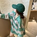 AMZOLNE Damen Herbst gestreiftes Poloshirt Pullover lockerer langärmeliger Mantel-grün und grau gestreift_M