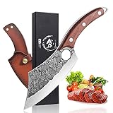 Dream Reach Ausbeinmesser Geschmiedete Hammer Textur Klinge Kochmesser Filetiermesser Metzgermesser Fleischerbeil Outdoor-Messer mit Lederscheide für Küche Grill Ausflug Überleben Full Tang