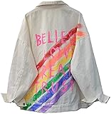 Jeansjacke, Hip-Hop-Jeansjacke, Übergroße Denimjacke für Frauen - Trendy handgemalte Rainbow Denim Jacke, weiße lockere Jeanjacke, übergroße Lady Mode lässige Jacke ( Color : White , Size : One Size )
