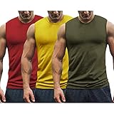 COOFANDY Herren Workout Tshirt Gym T-Shirt ärmellose Bodybuilding Tank Top 3er Pack Muskel Sportshirt,Gelb/Armeegrün/Rot,S