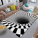 UOOYAA 3D Teppich Optische Täuschung,Schwarz Weiß Plaid Vortex Teppich, Stereo Vision rutschfeste Bodenmatte, Vlies Türmatte für Wohnzimmer Esszimmer Schlafzimmer Zuhause Dekor rutschfest,100X150CM